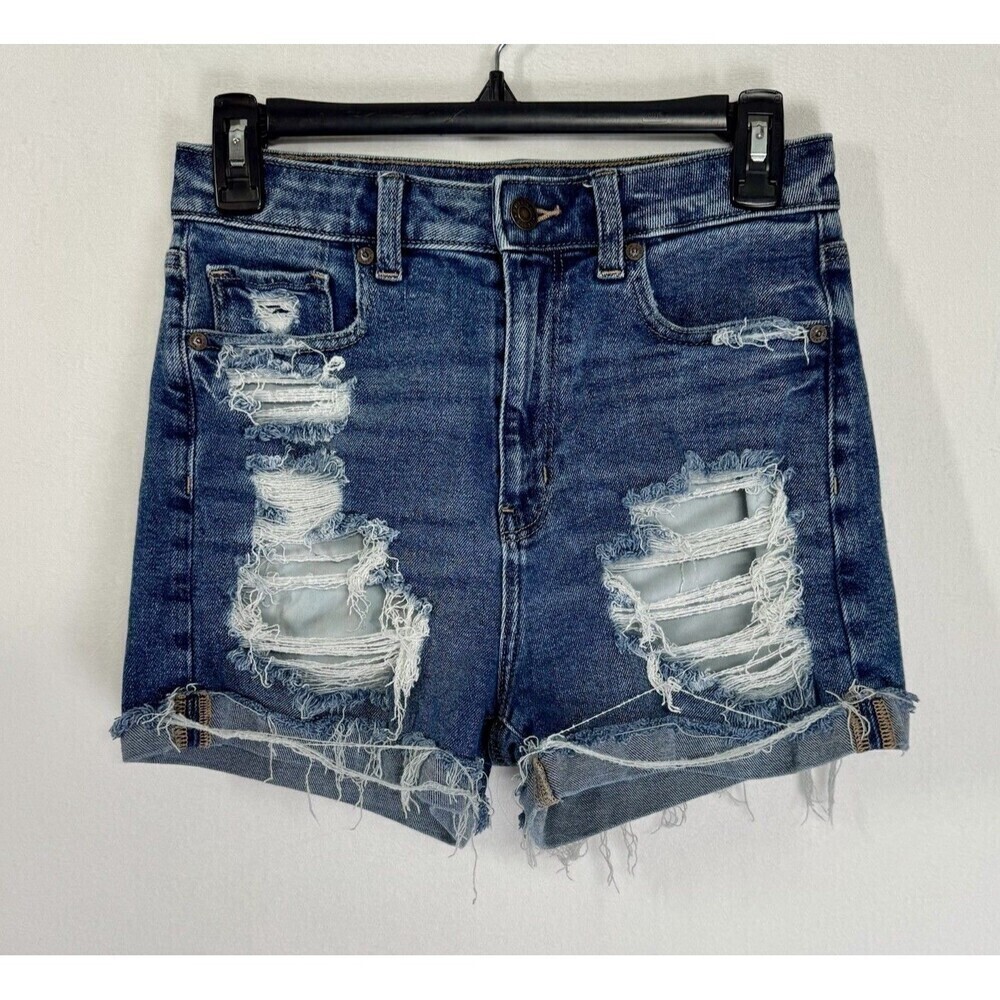 American Eagle Mom Shorts Womens 4 Blue Distressed Cuffed High Rise Stretch